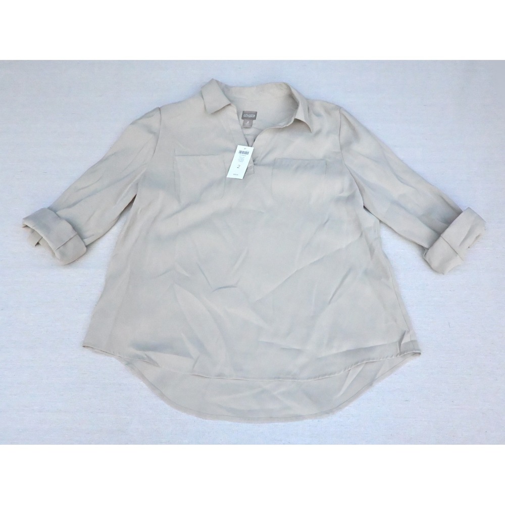 Chicos Womens 2 NWT Pale Taupe Popover Blouse Split Neck Collar Roll Tab Sleeves